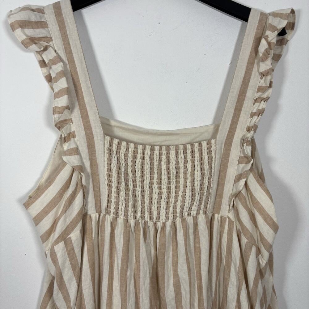 Draper James Smocked Striped Tan White Linen 3X Mini Dress Peasant Milk Maid - Picture 7 of 9